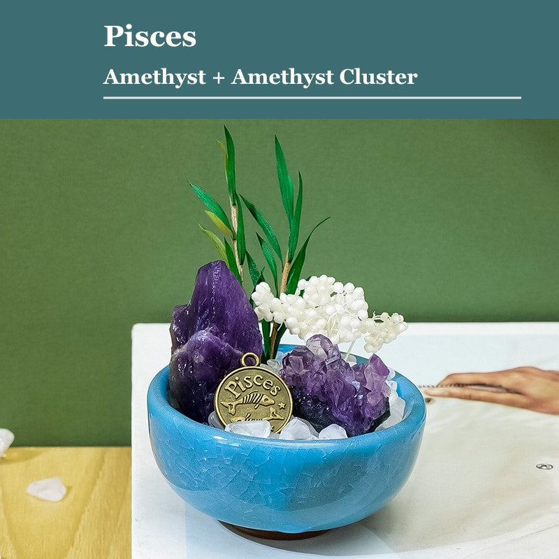 Pisces zodiac crystal mini bonsai bowl decor with gemstone accents