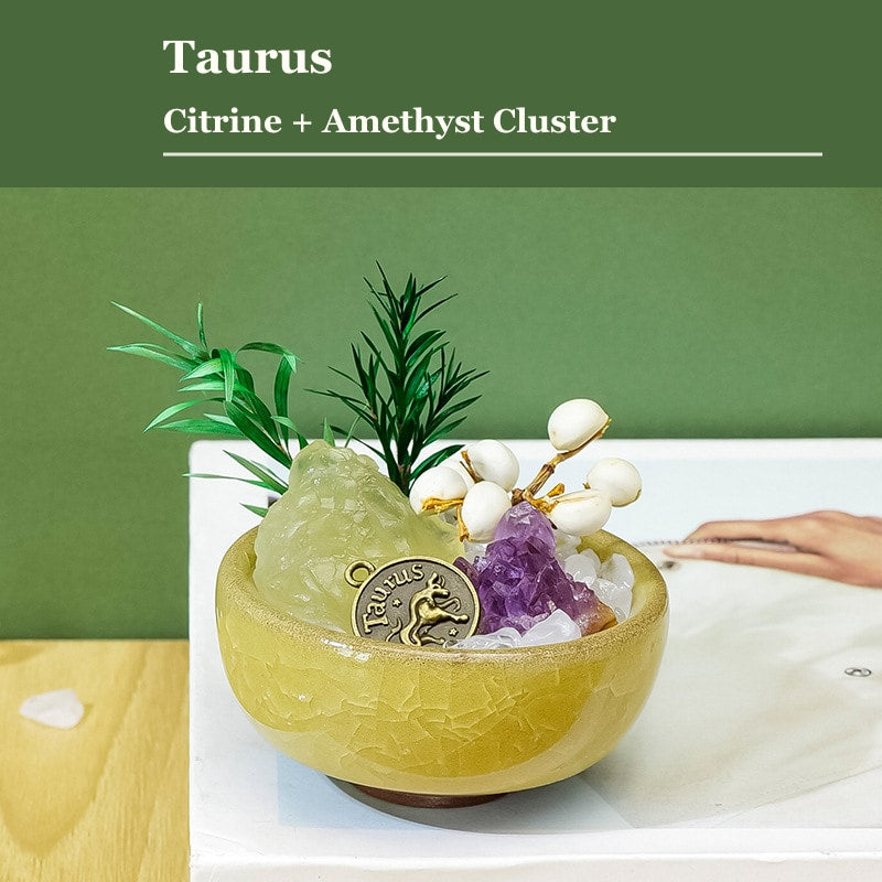 Taurus zodiac crystal mini bonsai bowl decor with gemstone accents