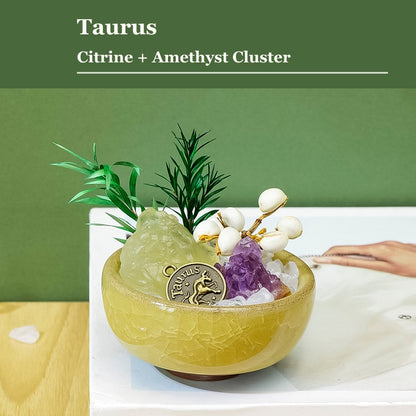 Taurus zodiac crystal mini bonsai bowl decor with gemstone accents