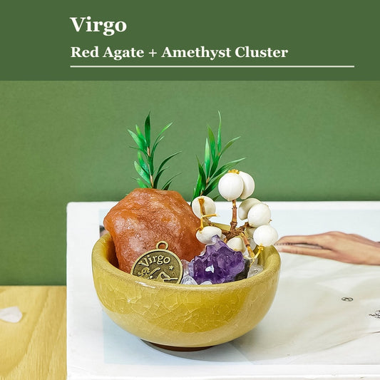 Virgo zodiac crystal mini bonsai bowl decor with gemstone accents